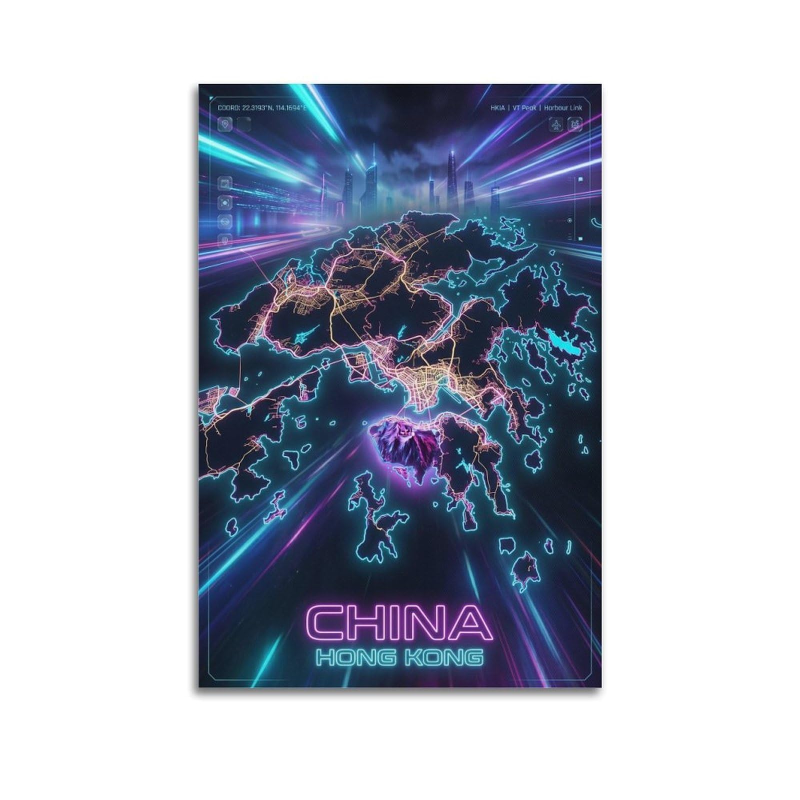 XKUGA Hong Kong Cyberpunk Map Poster China Cityscape Modern Decorative Canvas Prints - Ideal Wall Art for Family, Man Cave, Game Room, Boys & Girls Bedroom 20x30inch(50x75cm)