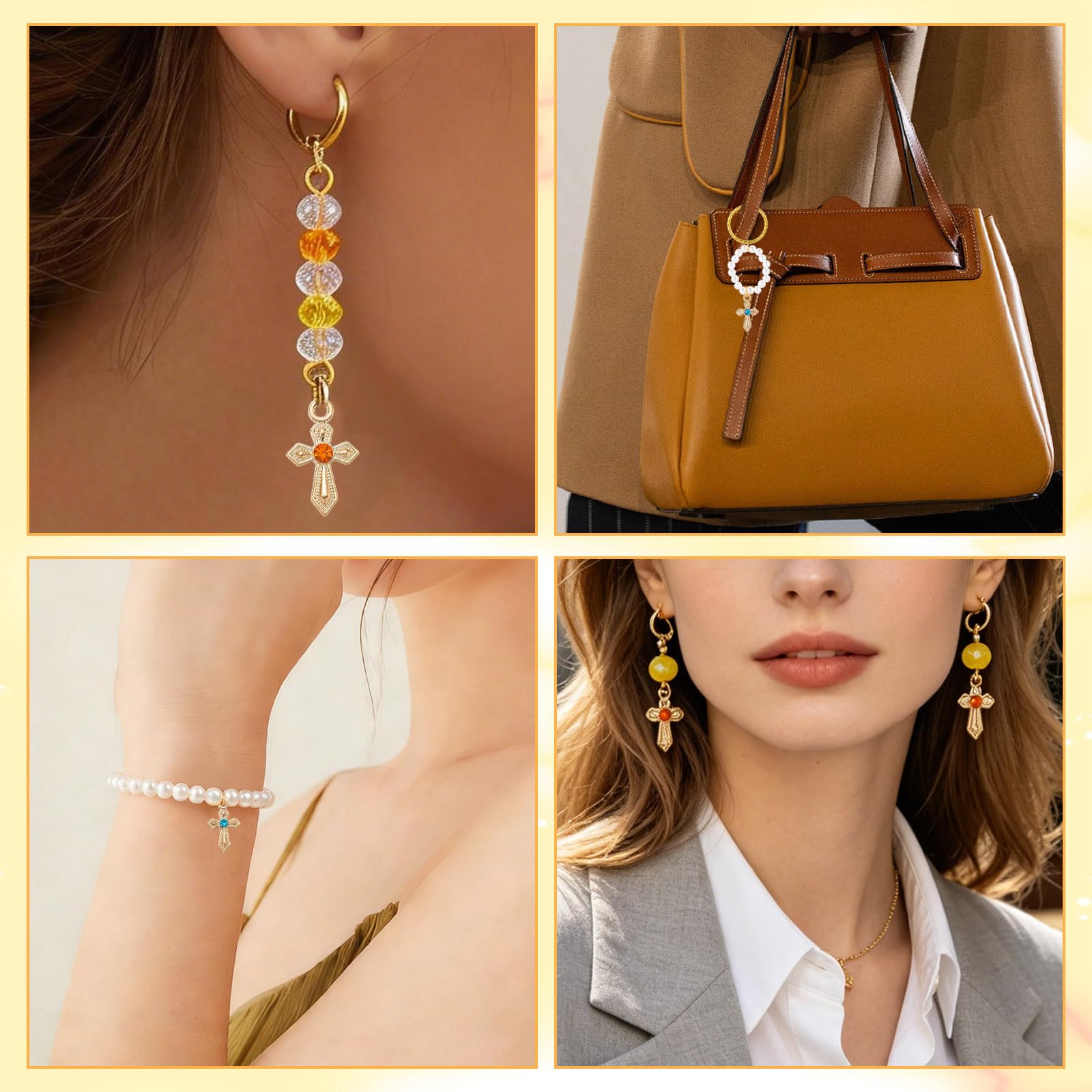 60 ciondoli a forma di croce dorata per bracciali, piccoli ciondoli con strass, in lega, ciondoli religiosi per collane, orecchini, accessori per gioielli