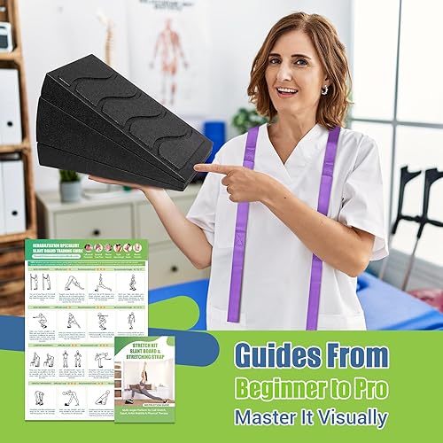 Miniatura 3 de Bloque de cuña para sentadillas, tabla inclinada de 5 ángulos ajustables para estiramiento de pantorrillas con correa de estiramiento y póster,