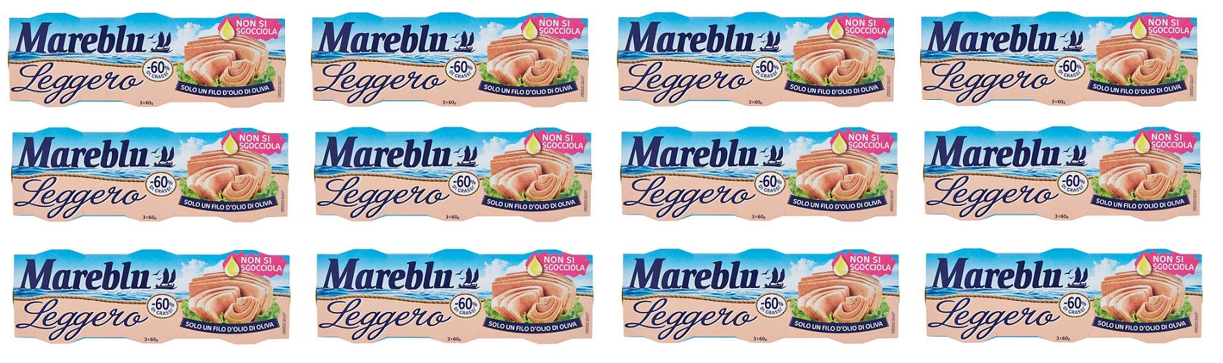 12x Mareblu Tonno Leggero Thunfisch mit etwas Olivenöl -60% Fett Thunfisch konserven ( 3 x 60g )