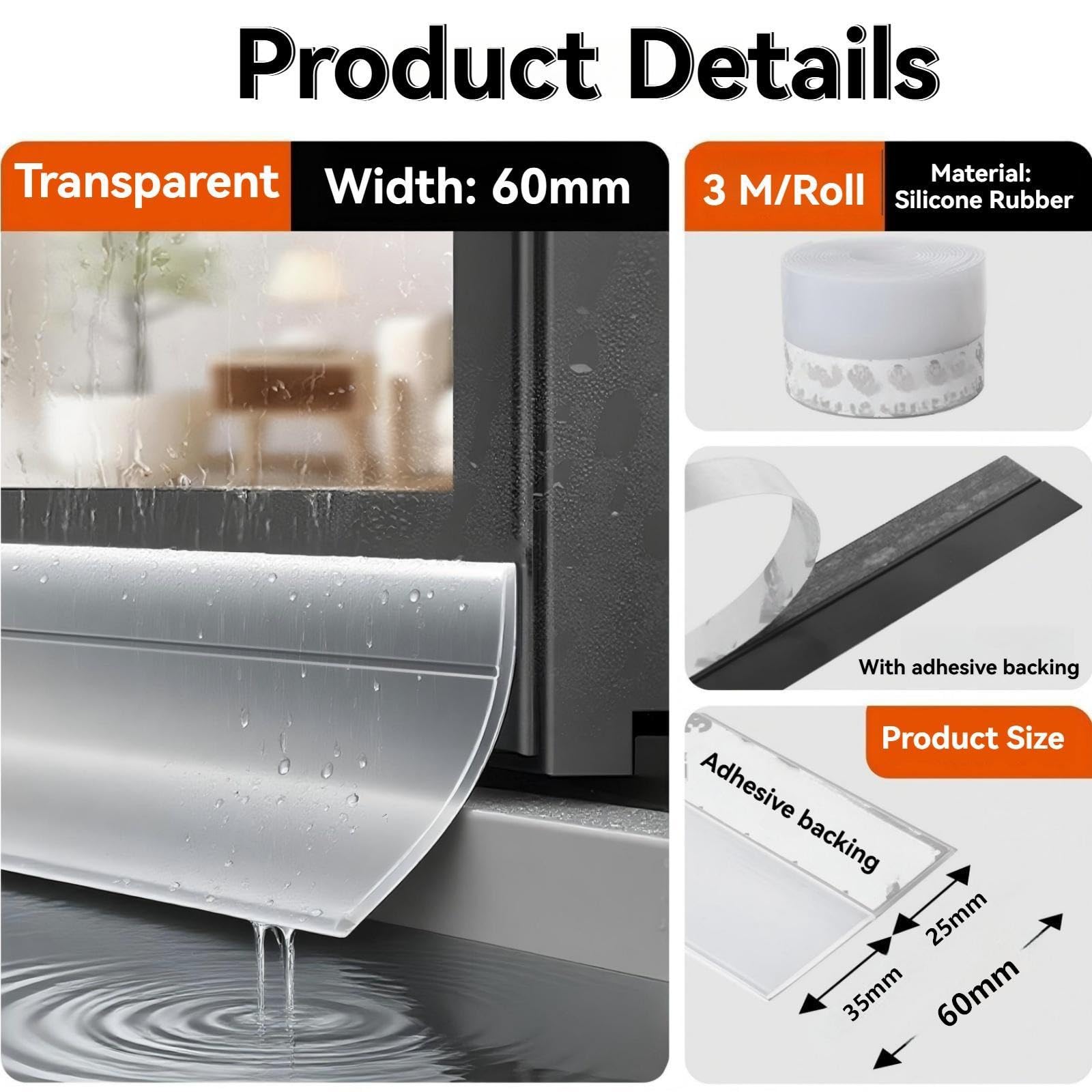 Barrera de Lluvia Autoadhesiva para Ventanas, Sello Impermeable 300 cm - Flexible y Cortable, Protección Antifugas 170° para Ventanas Corredizas y Abatibles (Transparente, Ancho (6,0 cm))