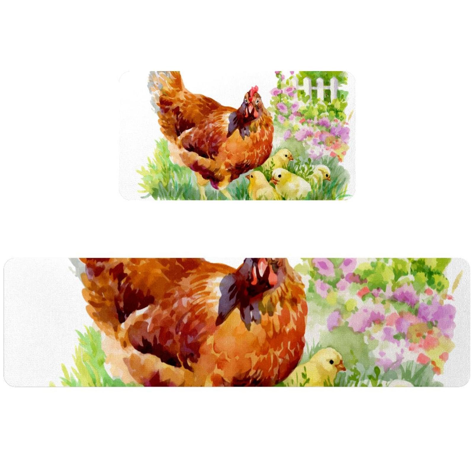 Alfombrillas de cocina con gallinas: juego de 2 tapetes antideslizantes para el hogar