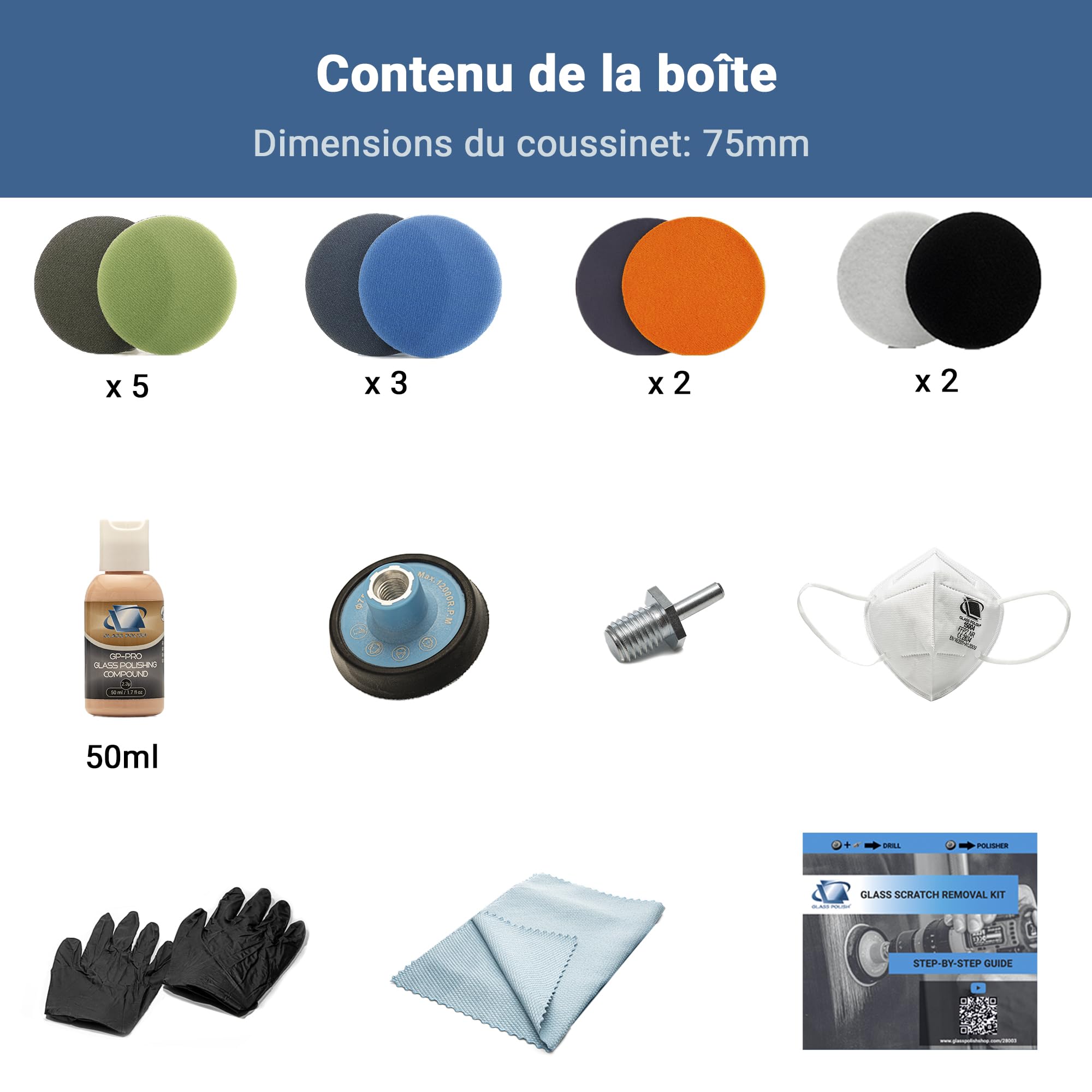 GLASS POLISH DIY Kit réparation rayures verre 75 mm – Polissage efficace avec perceuse ou polisseuse, corrige rayures profondes, élimine défauts surface, restaure clarté et brillance d’origine