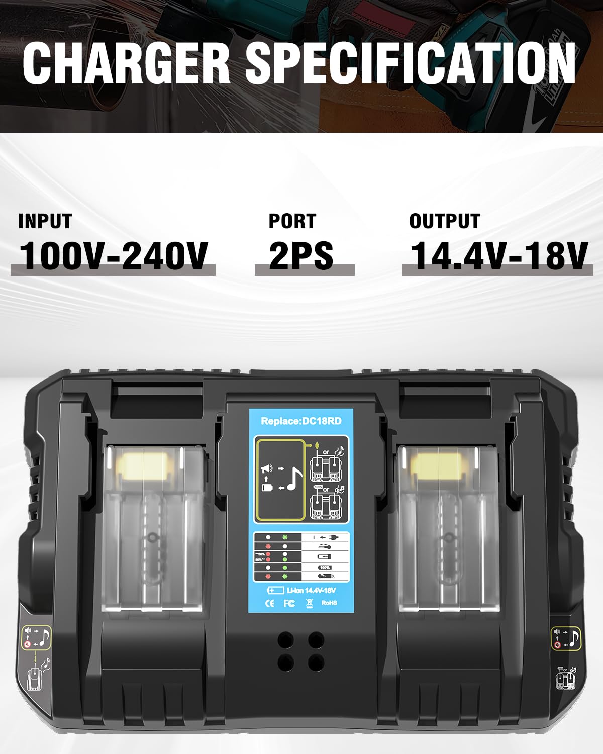 Paquete de 2 baterías y cargador de 6,0 Ah 18 V de repuesto para batería y cargador Makita de 18 V compatibles con baterías de iones de litio de 18 voltios de Makita, herramientas eléctricas