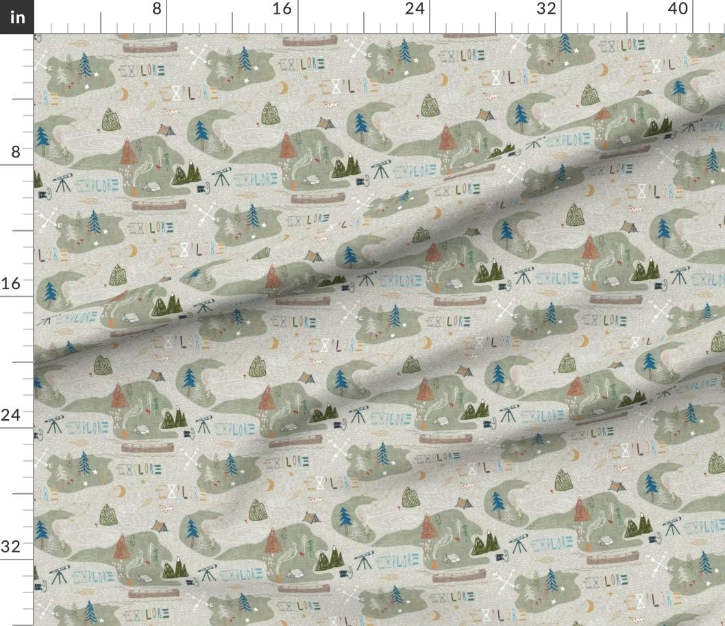 Spoonflower Fabric - Explore Sage Mountain Map Camping Hiking Outdoors Lake Tent Fire Printed on Petal Signature Cotton Fabric by The Yard - Sewing Quilting Apparel Crafts Decor