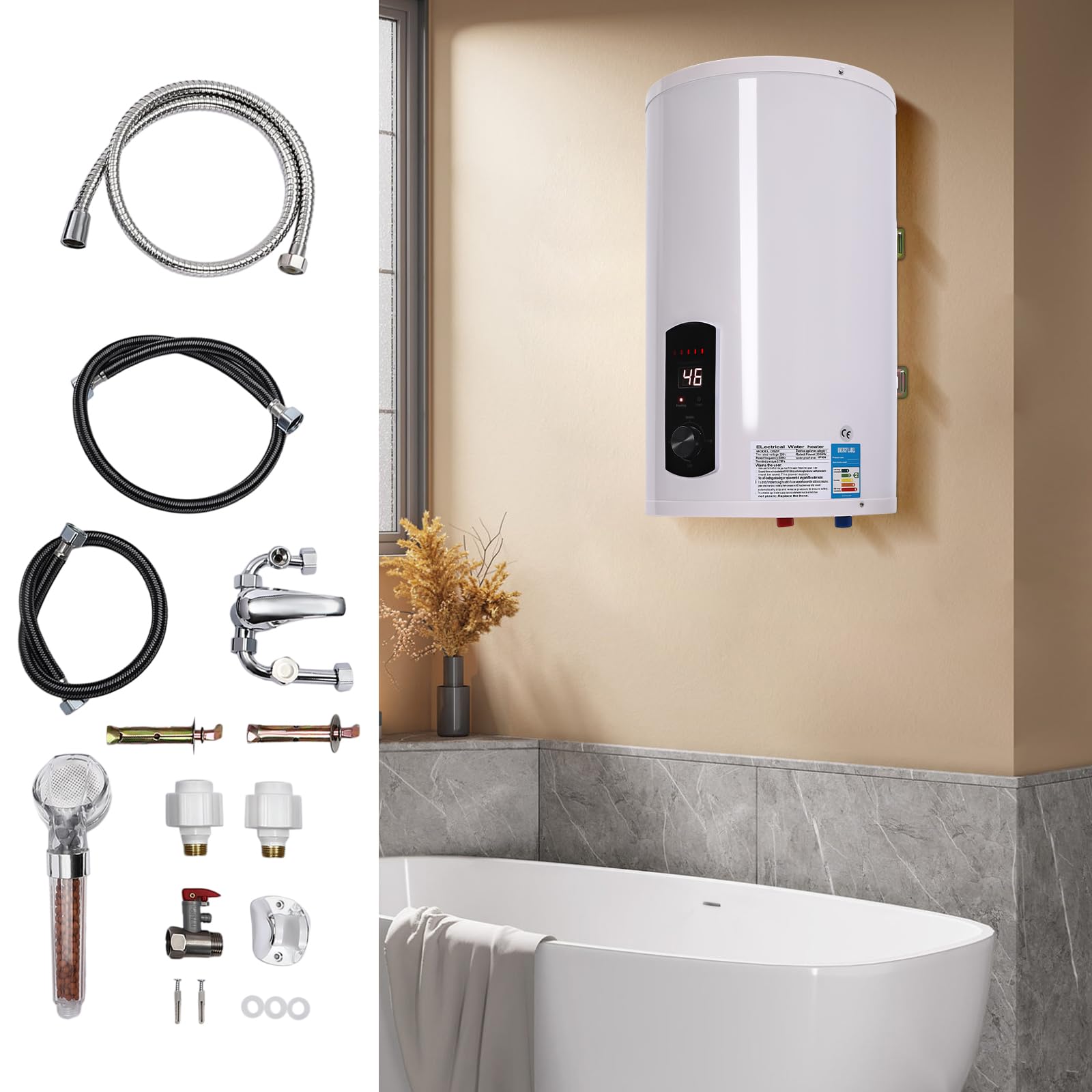 Chauffe-eau électrique - Réservoir électrique - 50 l - 220 V - Chauffe-eau instantané avec robinet, douchette et chauffe-eau à 3 tuyaux - Pour salle de bain, salon de coiffure