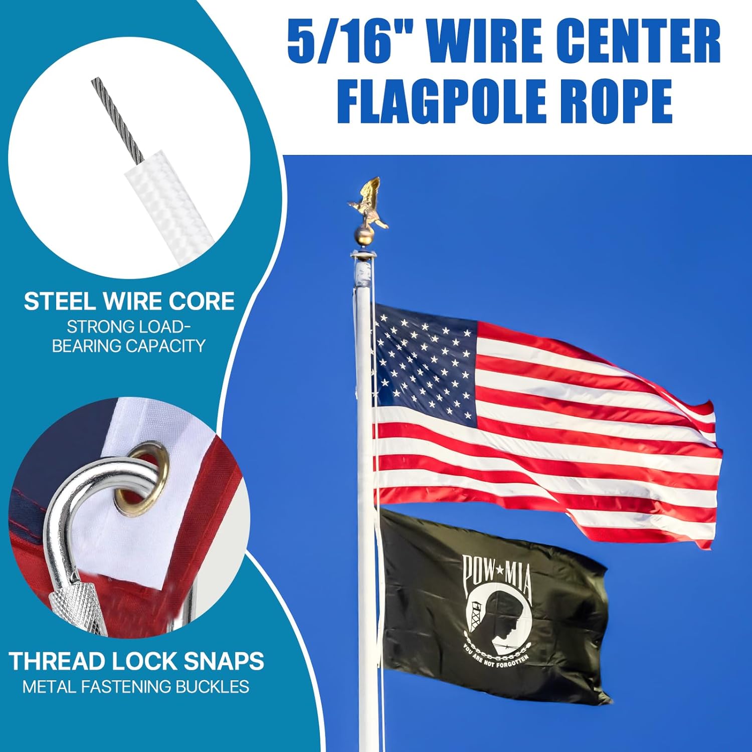 5/16 Inch Wire Center Flagpole Rope, 100 ft High Weight Polyester Flagpole Halyard Rope with Snap Hooks, Solid Braided Flag Line with Steel Center