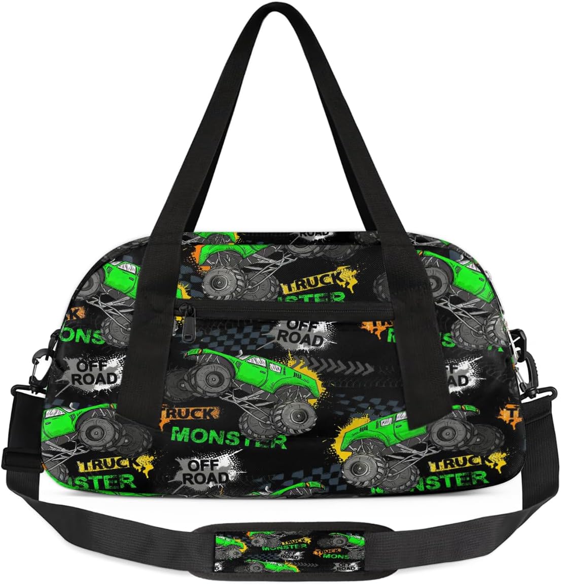 Gym Travel Duffle Bag for Boys - Green Monster Car Trucks Kids Overnighter Weekend Bag with Front Zipper Pocket for School Practice, Teens Carry-On Size Sleepover Bags