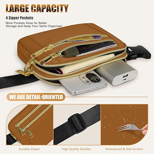 Miniatura 3 de Riñoneras para mujer con correa ajustable y 4 bolsillos con cremallera, impermeable, para entrenamiento, correr, viajar, Marrón, Riñonera casual
