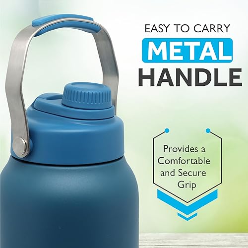 Miniatura 4 de Botellas de agua aisladas de medio galón, jarra de agua de 64 onzas con mango de metal, botella de agua térmica apta para lavavajillas, boca ancha,