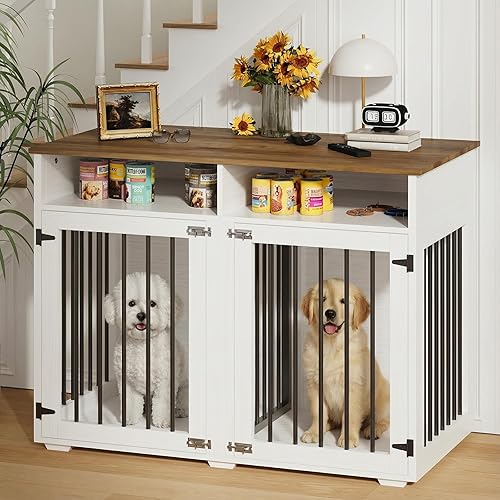 Jaula de Perro para Dos Perros de Estilo Granja de 41 Pulgadas, con Divisorio Removible y Escritorio Engrozado, Base Resistente para Perros Pequeños