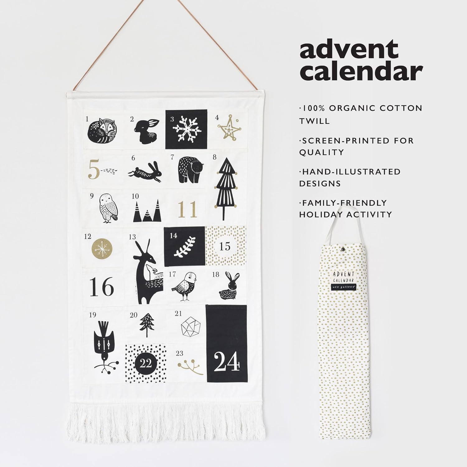 WeeGallery Christmas Countdown Advent Calendar, Fabric, Winter Animals Designs - 24 Pockets, Natural Organic Cotton, Reusable Quality, Xmas Holiday Wall Decoration and Storage Bag (Large 36x20)