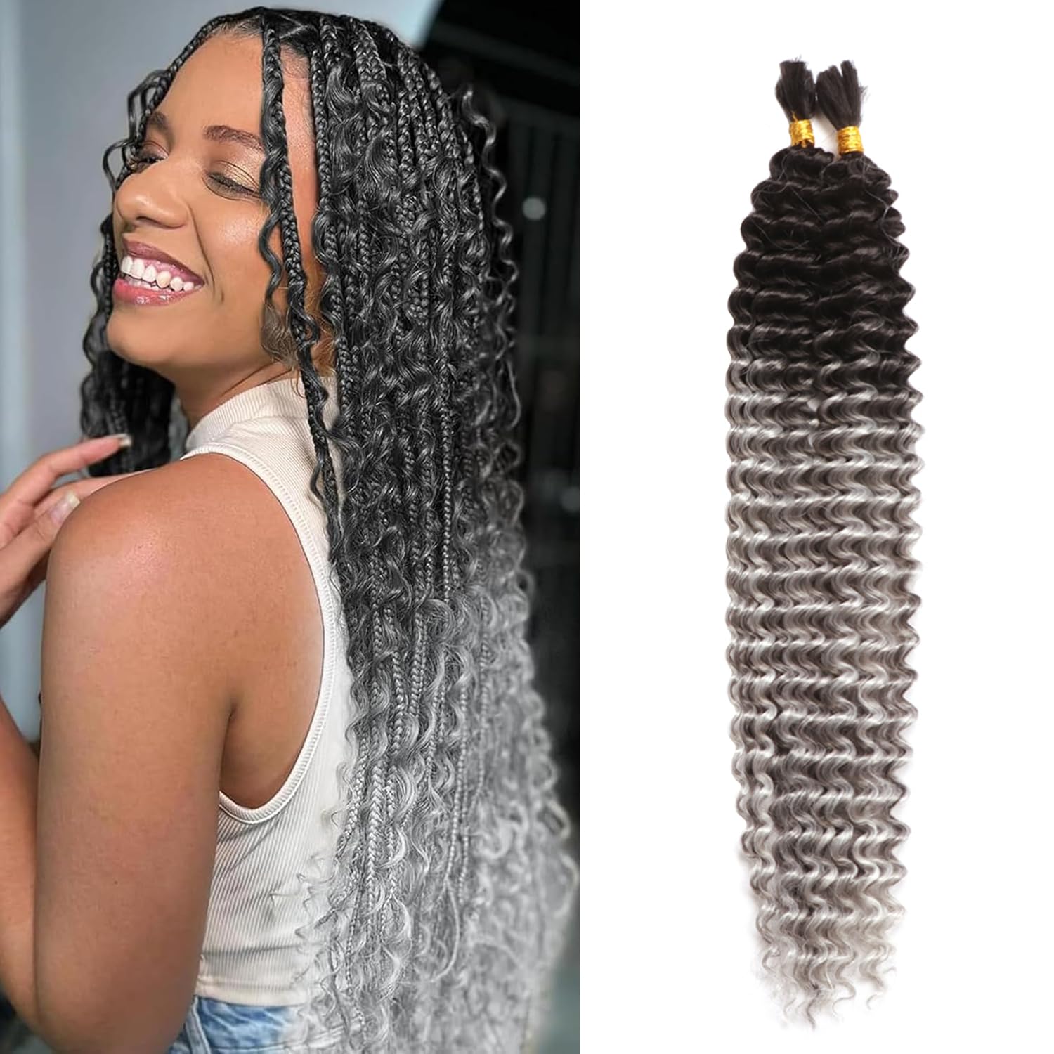 Seimainurs Deep Wave Crochet Hair Long Curly Braiding Hair for Boho Braids Ocean Wave Braiding Hair for Black Women (OT1B/Grey