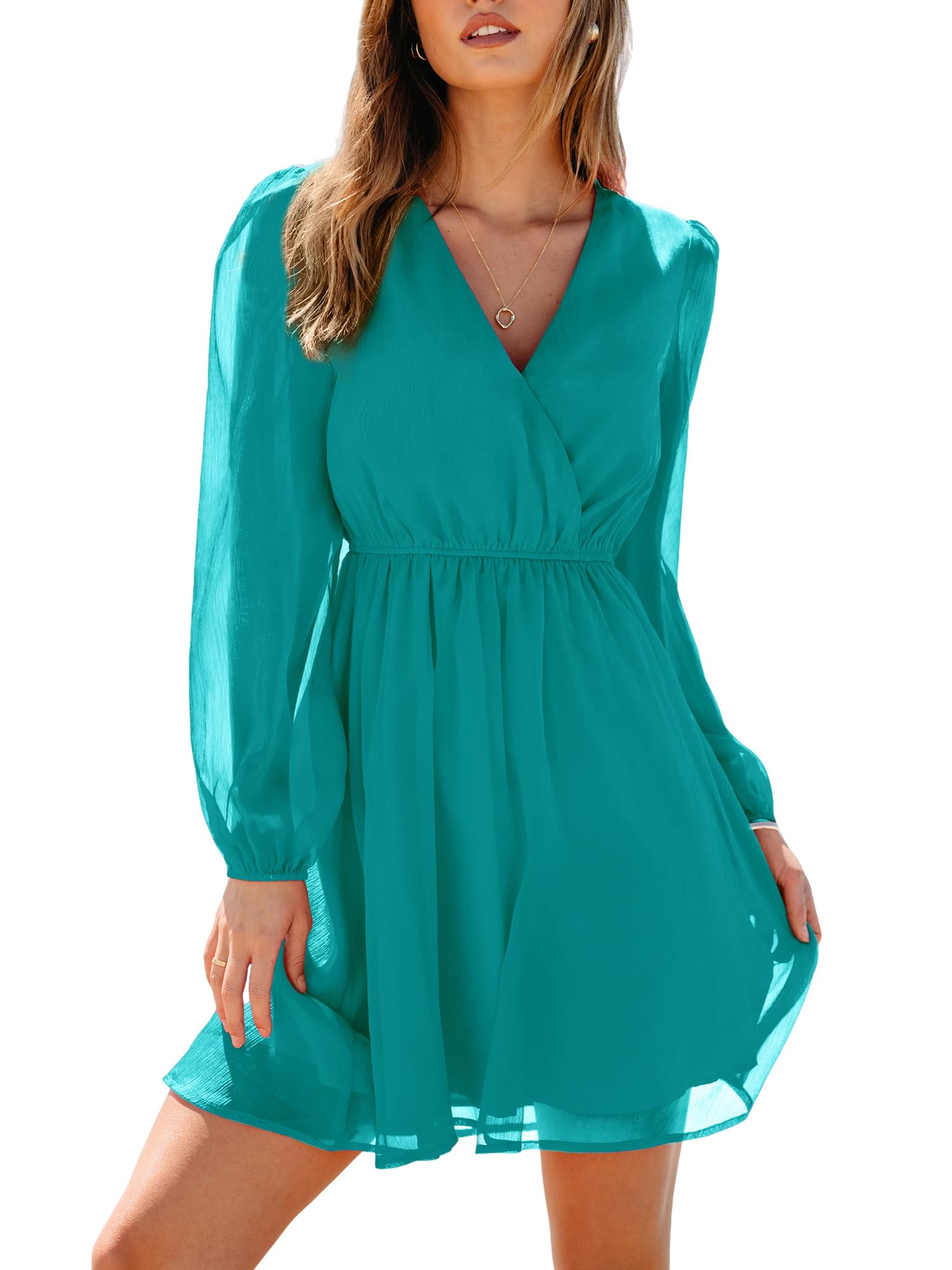 CUPSHE Women's Mini Dresses Casual Spring V Neck Chiffon Long Peasant Sleeves Flowy Spring Dress