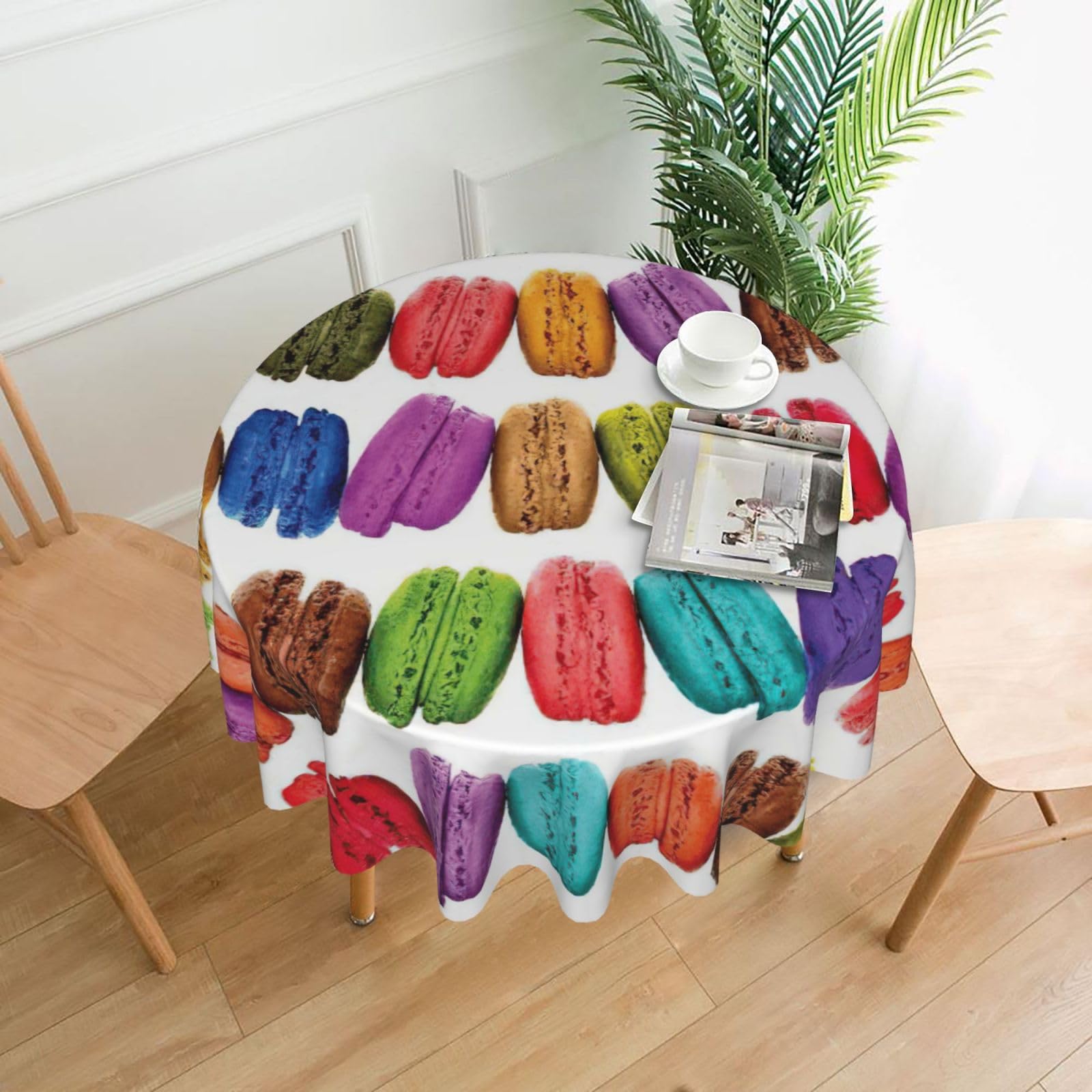 SDEGTHO Macaron Biscuit Flavored Pastries Print Modern Retro Round Tablecloth 60in Polyester Fabric Cover for Party Dining Table Washable