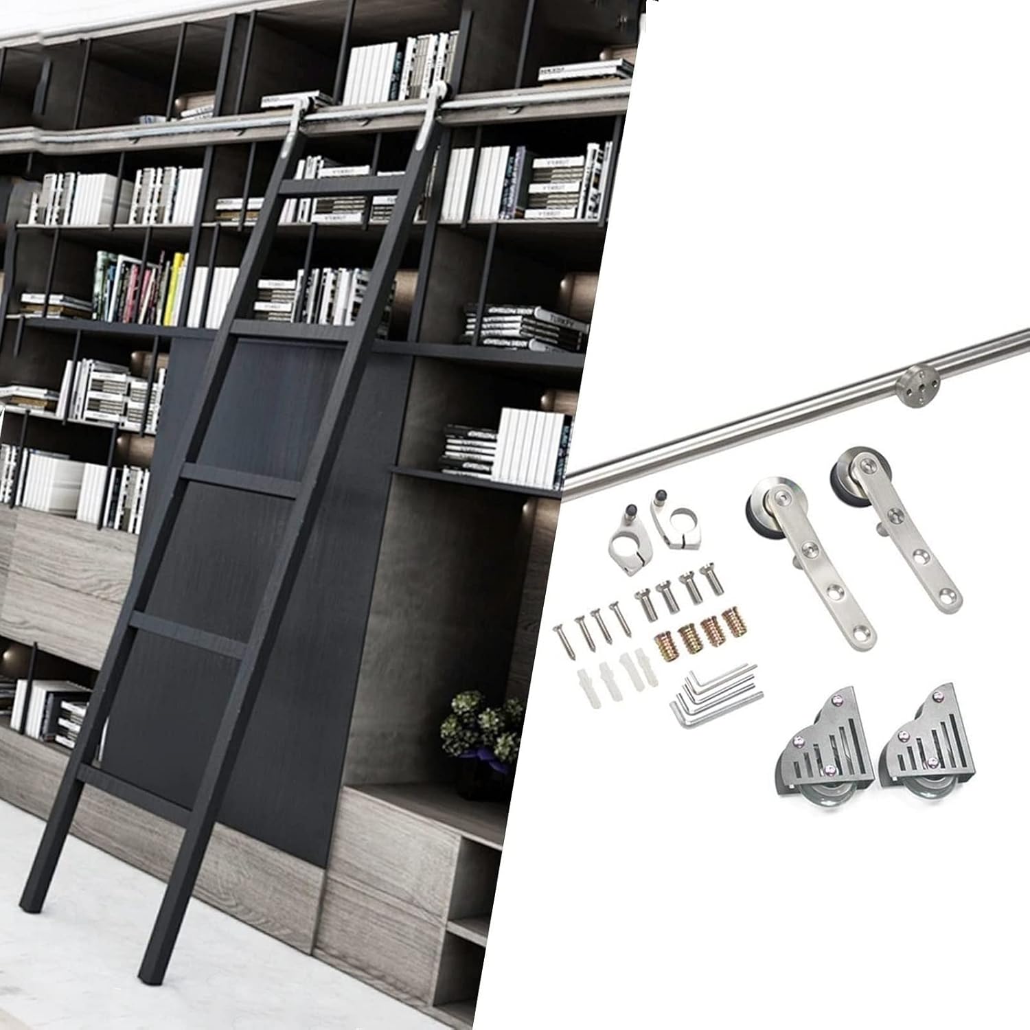 Sliding Ladder Hardware Kit - Rolling Library Sliding Ladder Track Hardware Accessories, Stainless Steel Sliding Barn Door Hardware Hanging Rails, Smooth and Quiet Sliding, Easy to Install
