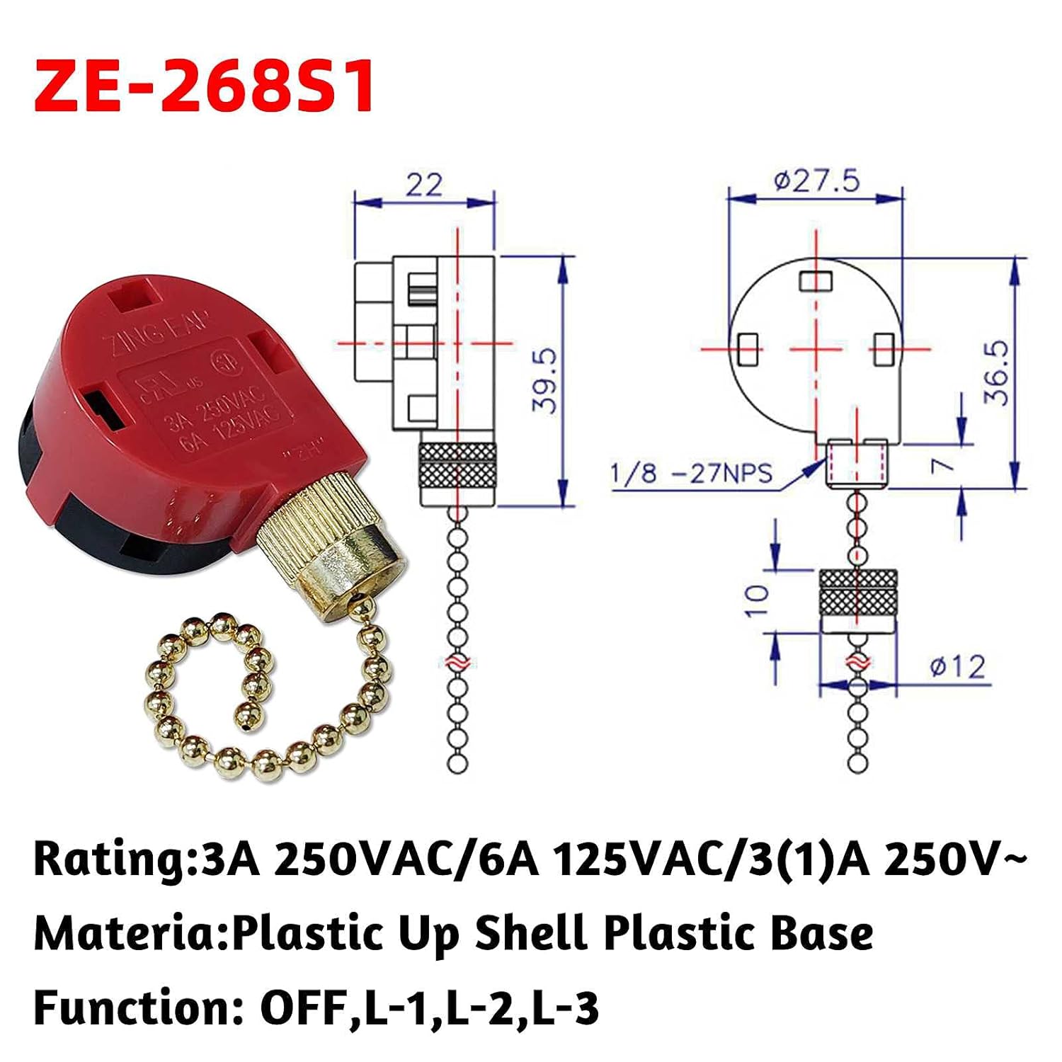 Zing Ear ZE-268S1 Switch 3 Speed 4 Wire Pull Chain Control Brass Replacement for Ceiling Fan Light, Wall Lamps, Cabinet Light, 3pcs