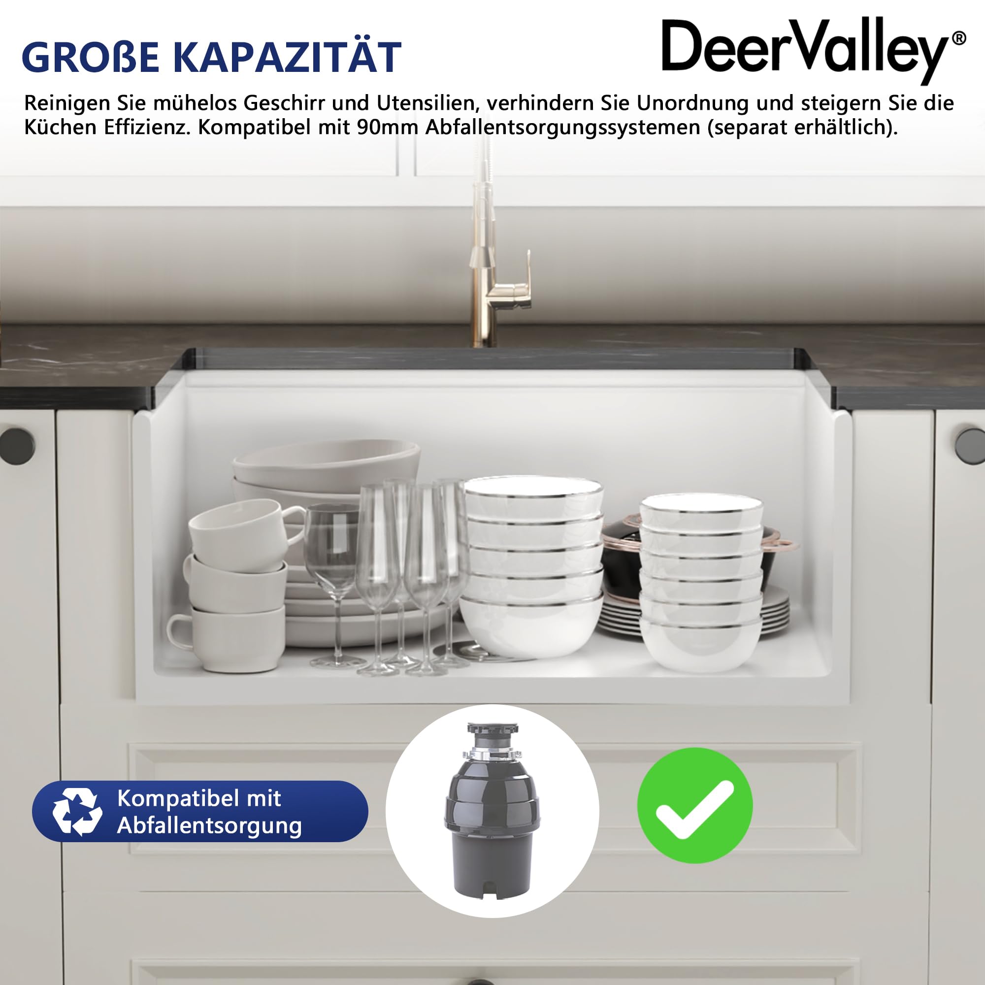 DeerValley Spülbecken 61 cm – Umkehrbares Apron-Front Küchenspüle Einbauspüle, Einzelschale, Solides Feuerfestton, Glänzend Weiß, Für Küche (61x50,8x25,4 cm)