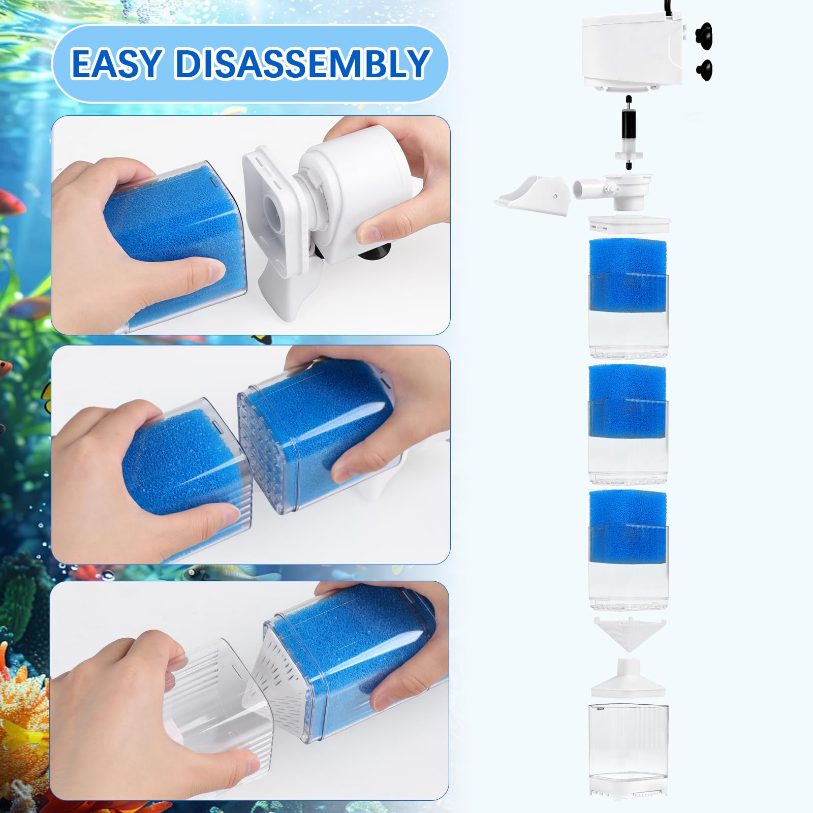 EXLECO Pompes et Filtres pour Aquarium 150-300L, 5 en 1 Réglable Pompe Aquarium Filtre et Oxygène, Pompage, Wavemaker, Moteur Aquariums Silencieux 1200L/H 15W Éponge Filtrante Réutilisable d'eau Douce