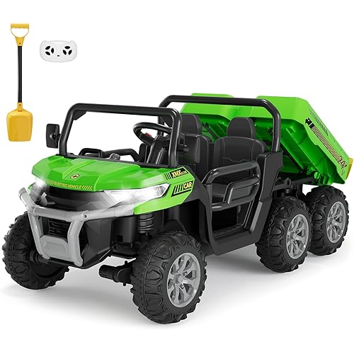 Hetoy 24V 2-Seater Ride On Dump Truck with Parent Remote Control, 4WD 6-Wheel Electric Car for Big Kids, UTV Style Dump Bed & Music Horn, ASTM/CPSIA Certified (Ages 3+) (Green)