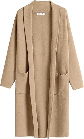 Caracilia Women's 2023 Fall Cardigan Sweater Long Sleeve Open Front Lapel Casual Knit Coatigan Jacket Coat with Pockets