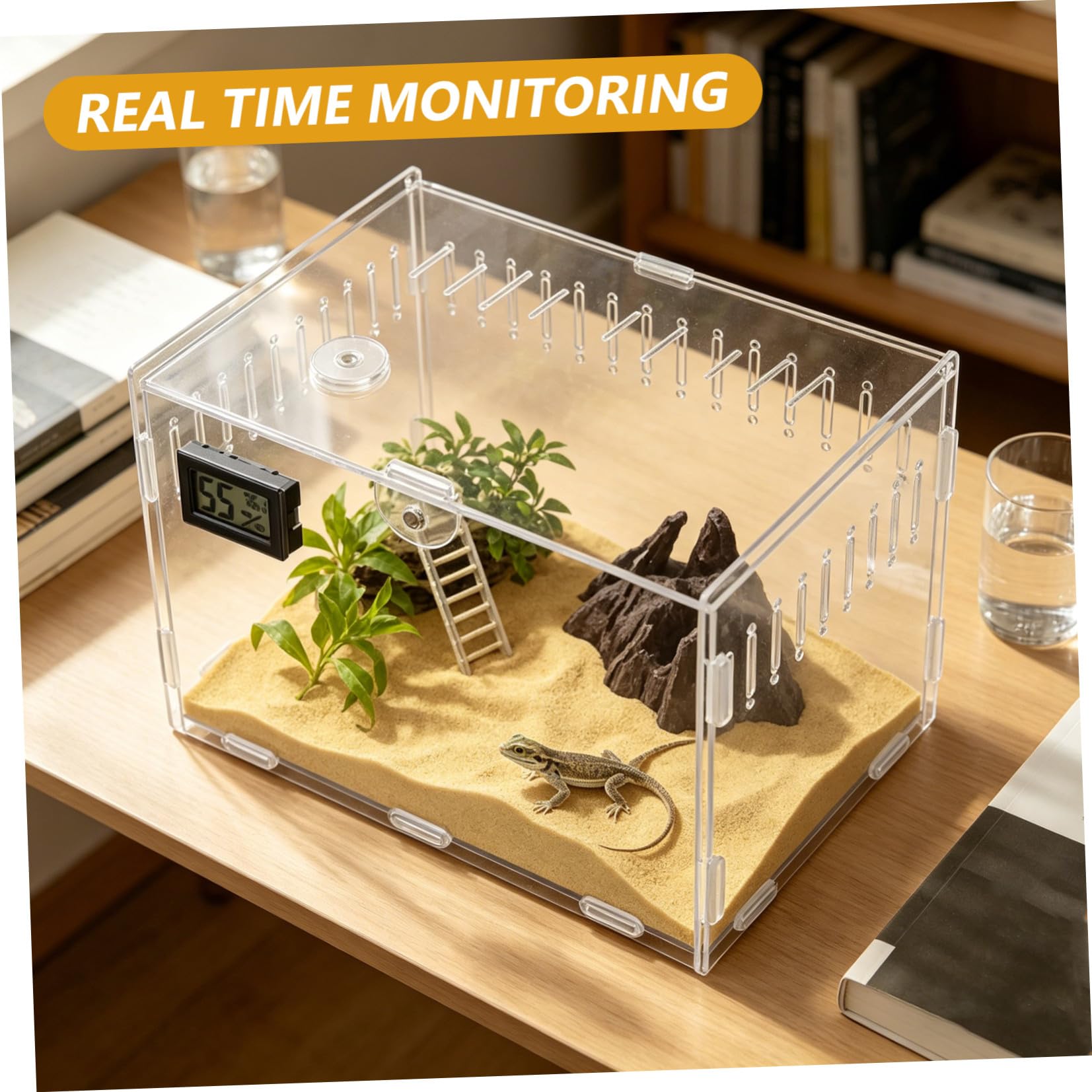 Generico Terrario per Monitoraggio Termometro per Igrometro in di e Acrilico 360° Trasparente con in, Ventilazione e Base Rimovibile Rettili per Allevatori