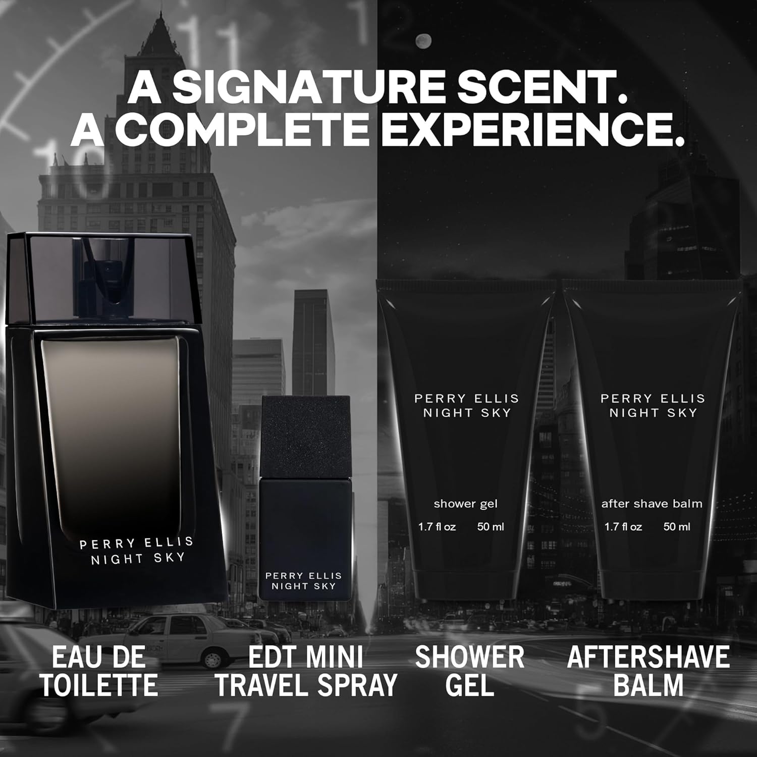 Perry Ellis Night Sky 4-Piece Gift Set - Men Cologne Gift Set, Eau de Toilette, After Shave Balm, Shower Gel & Mini - 3.4 oz EDT, 0.25 oz Mini, 1.7 oz Balm, 1.7 oz Gel - Image 3