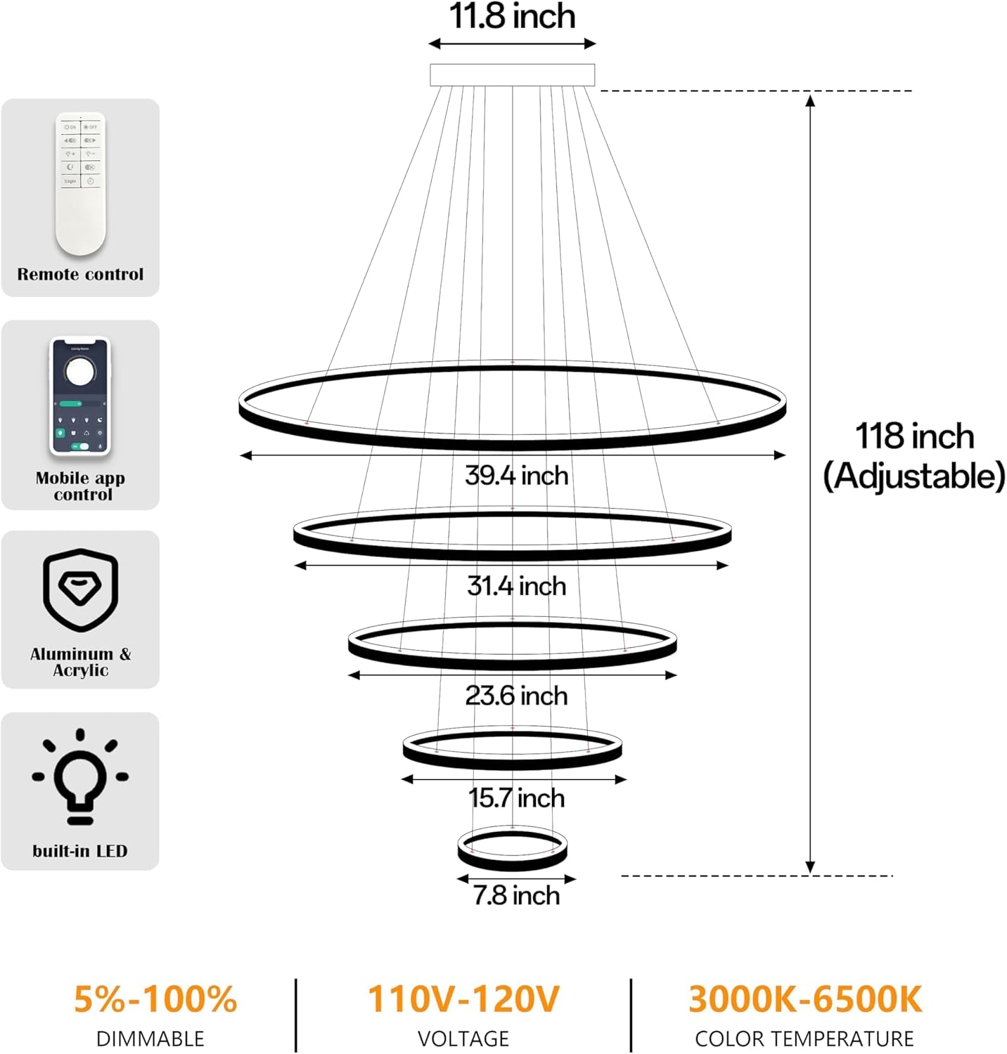 39.4" Black Led Ring Chandelier Modern Led Pendant Light 5 Ring Dimmable Modern Chandelier Adjustable Ring Light Fixtures Contemporary Light Fixtures for Foyer High Ceiling Living Room