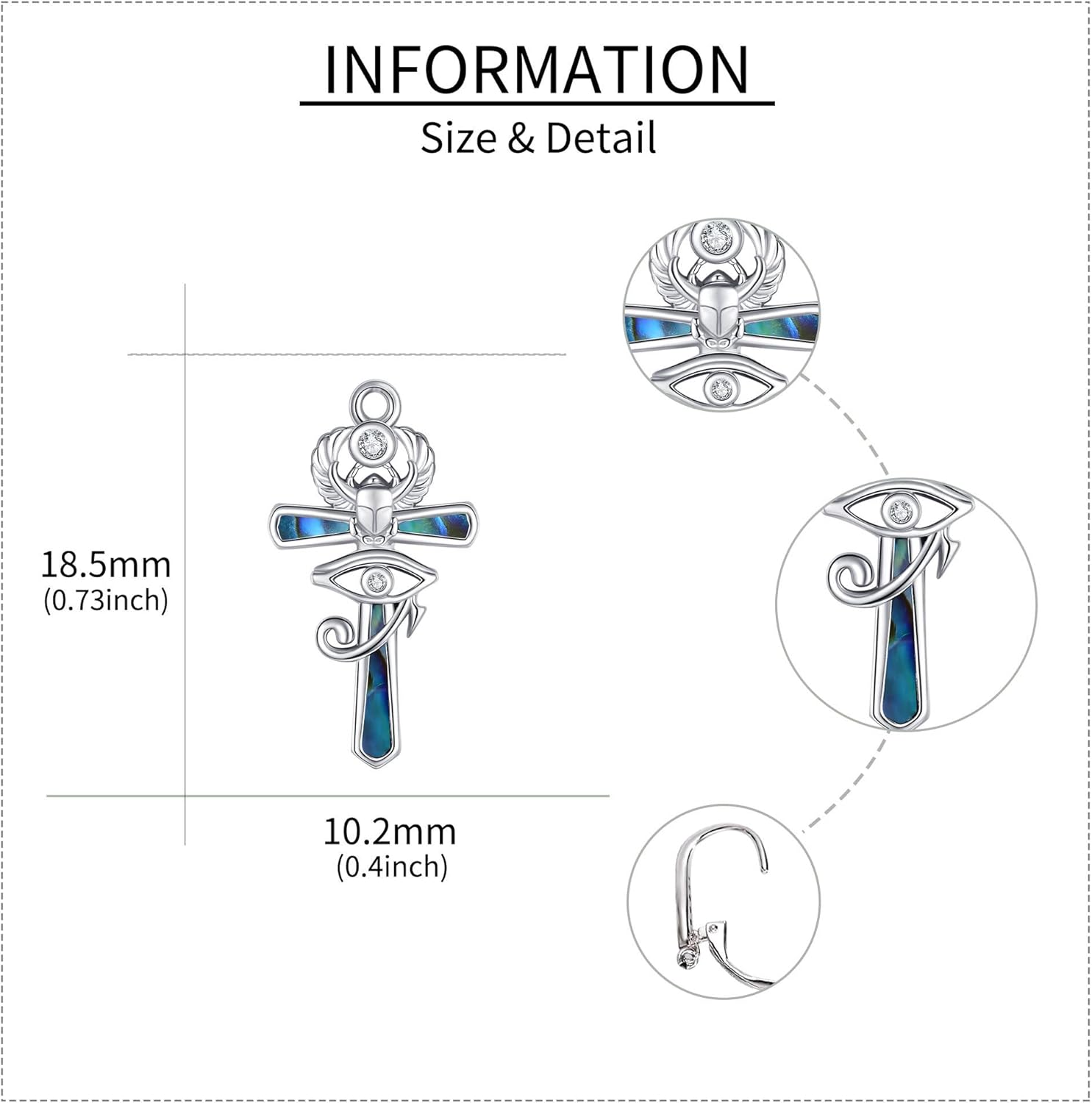 Ankh Earrings 925 Sterling Silver Abalone Shell Eye Of Horus Leverback Earrings Egyptian Mother's Day Jewelry for Women Mom