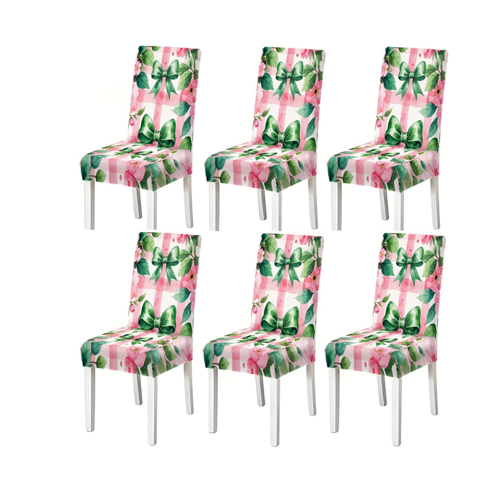FZJKGH Dining Chair Covers 2/4/6 Pieces Stretch Slipcovers Bow Floral Pattern Pink Checkered Cute Style Kitchen Dining Room Removable Stretch Slipcovers for Dining Chairs(6PCSChair cover)