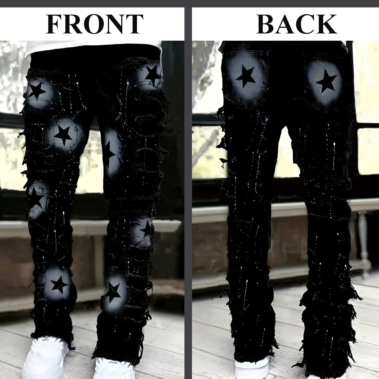 Men's Ripped Jeans Printed Jeans Black Skull Embroidered Slim Jeans Straight Leg Slim Stacked Jeans - Image 6