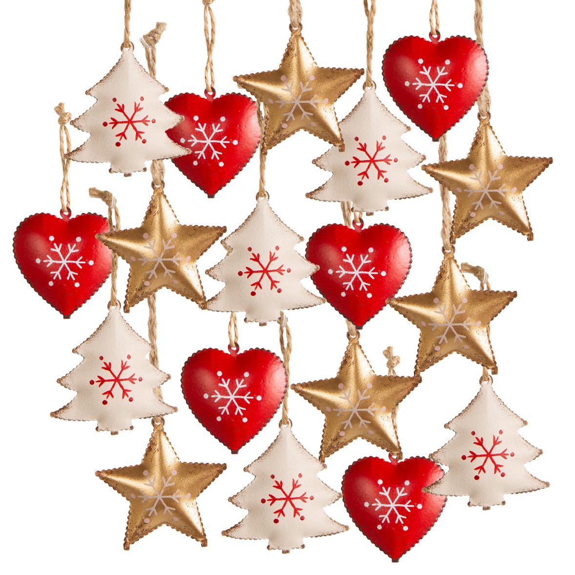 Logbuch-Verlag Lot de 18 pendentifs de Noël en forme de cœur et d'étoile - Rouge blanc doré - Décoration de Noël en métal - 4 cm