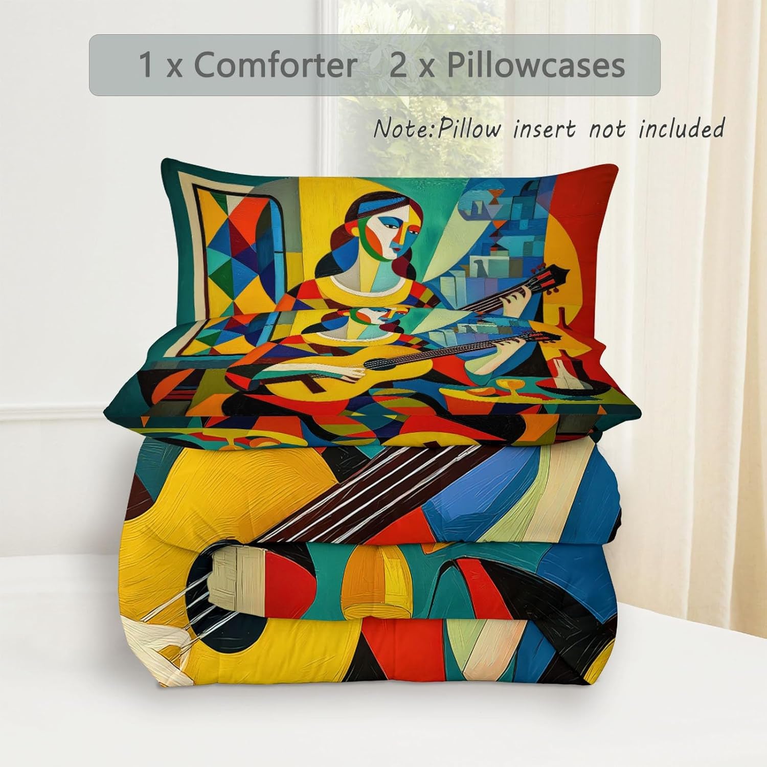 Reversible King Comforter Set Cubism for Kids Boys Girls, 3 Pieces Light Weighted Quilted Abstract Geometric Girl Comforter, All-Season Breathable Bedding Decor (104" x 90")