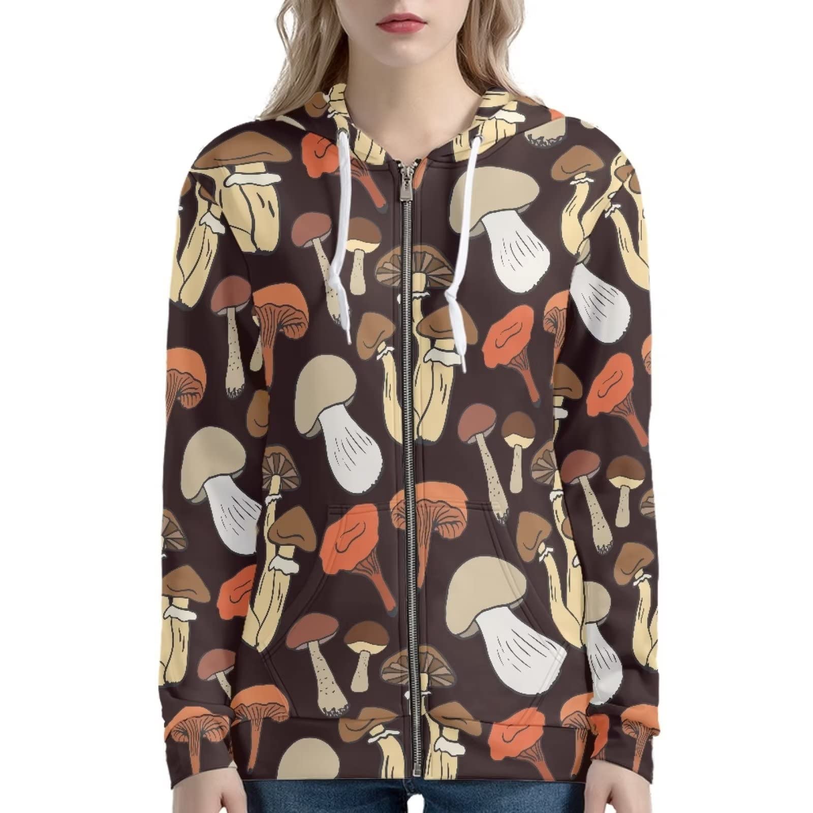 Xoenoiee Damskie bluzy z kapturem z kieszeniami, długi rękaw, kurtka z kapturem, zamek błyskawiczny, dziewczęca, oversize, odzież uliczna, Grzyb 2, M