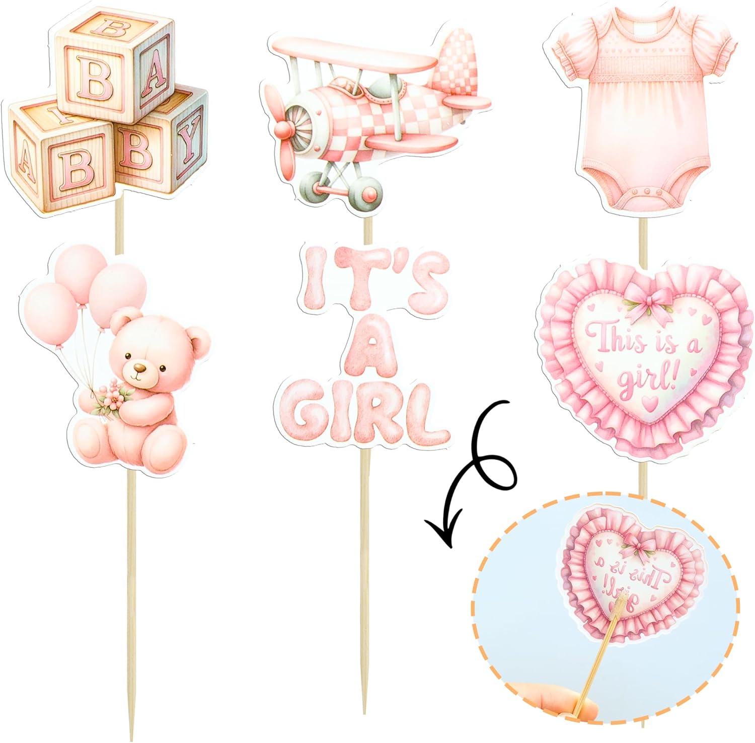 Gyufise 36Pcs Baby Girl Cupcake Toppers Baby Shower Oh Baby Cake Decorations for Girl Bear It's a Girl Cupcake Pick Decorations for Birthday Party Supplies Pink - Image 3