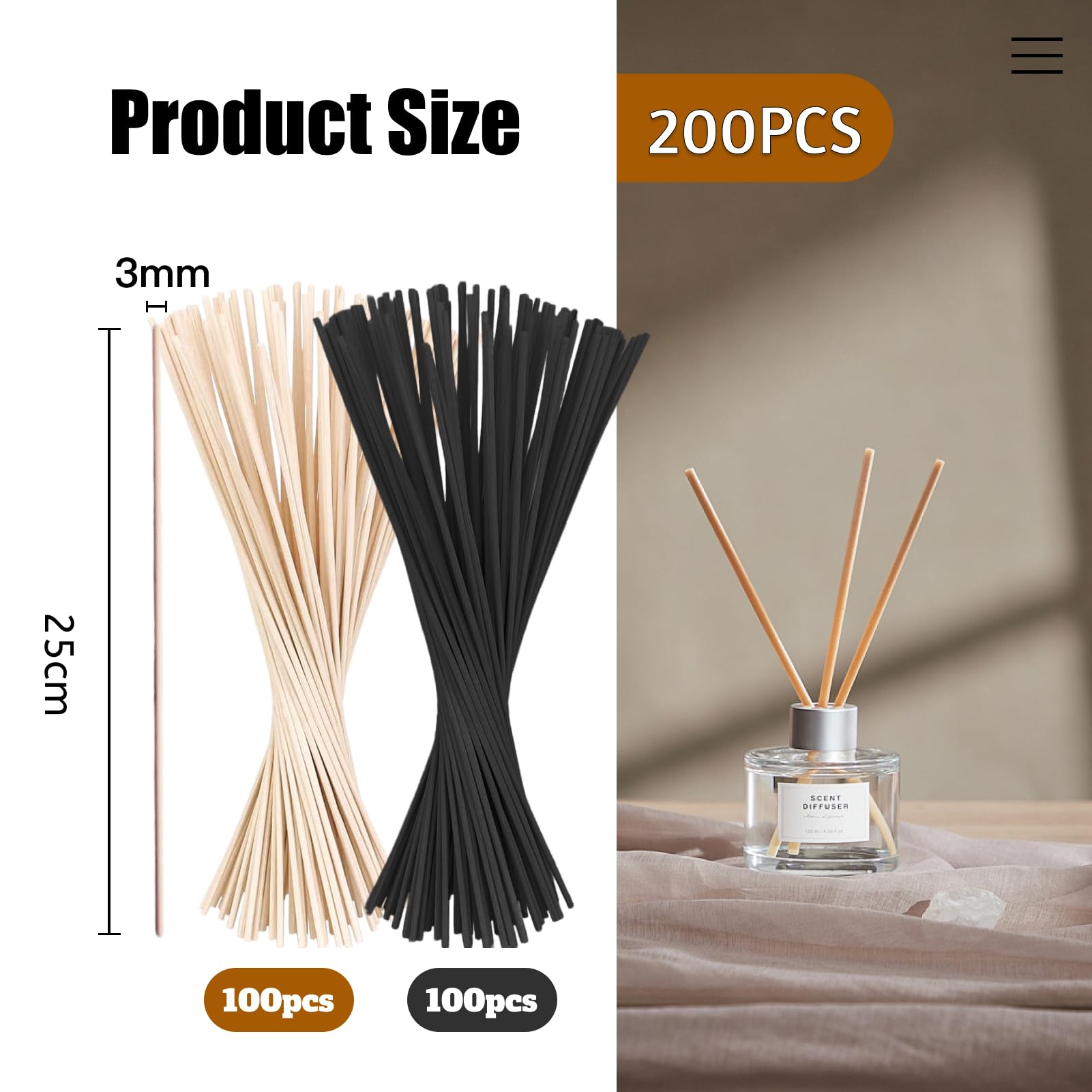 200 sztuk 25 cm x 3,0 mm długie patyczki z włókna dyfuzorowego, pałeczki z dyfuzorem rumianku do domu biura hotelu spa olejek eteryczny
