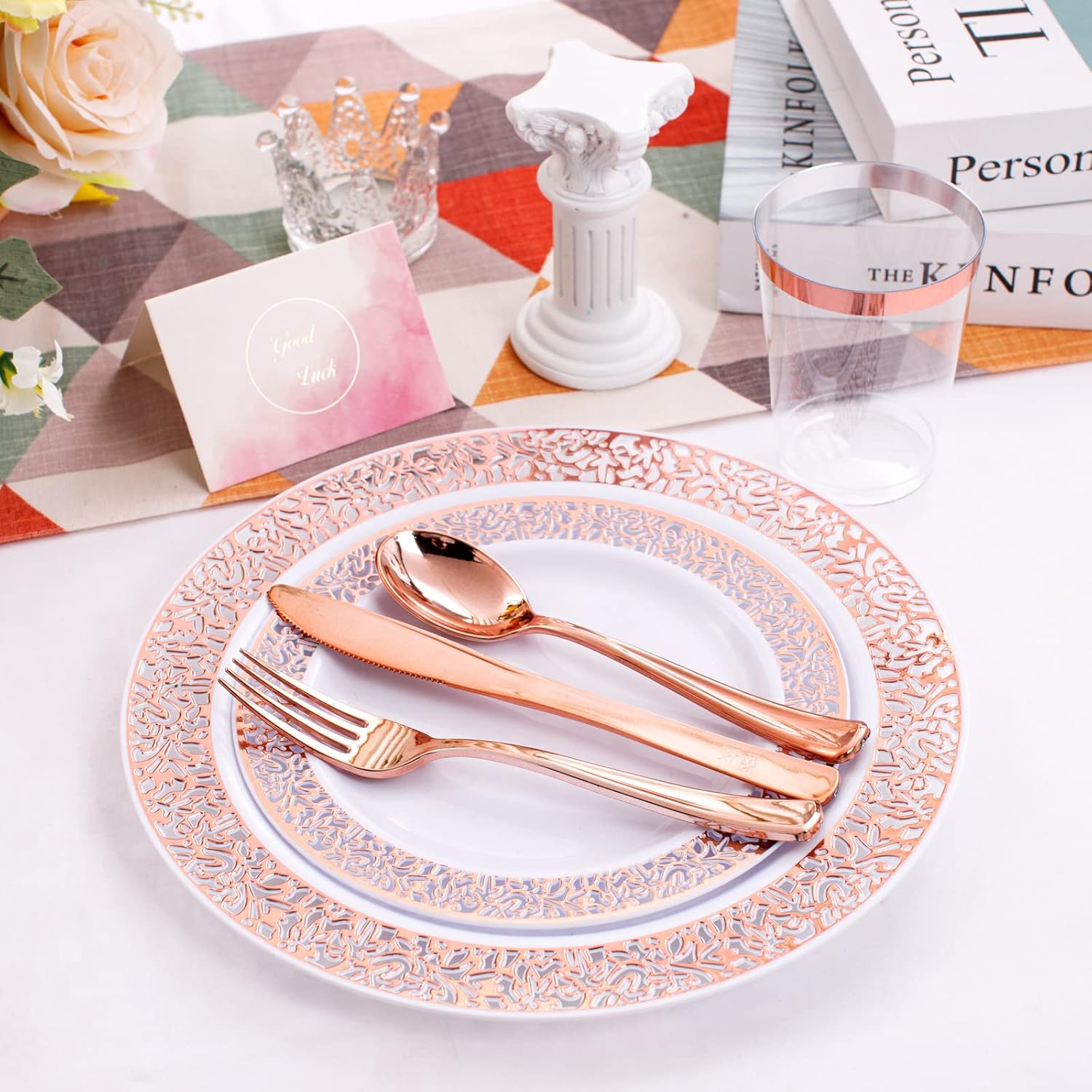 WELLIFE 175 Pieces Rose Gold Plastic Dinnerware,Rose Gold Dinnerware Set Include: 25 Dinner Plates 10.25", 25 Salad Plates 7.5", 25 Cups, 50 Forks, 25 Knives and 25 Spoons for Party - Image 4