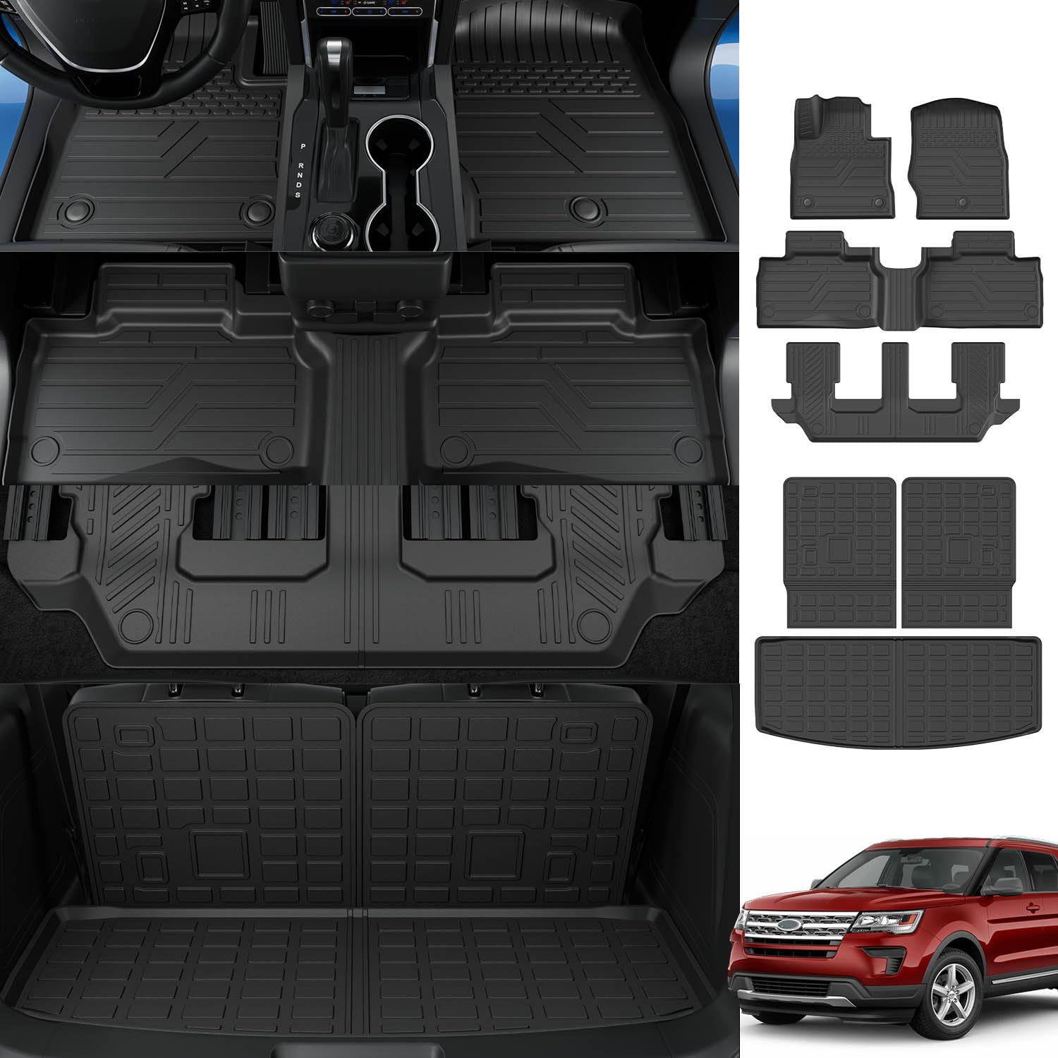 powoq 7 Seat Floor Mat Compatible with 2020-2024 Ford Explorer Cargo Liner TPE Trunk Mat Replacement for 2020 2021 2022 2023 2024 Ford Explorer Accessories(Rear Trunk Mat+ Backrest Mat+Floor mat)