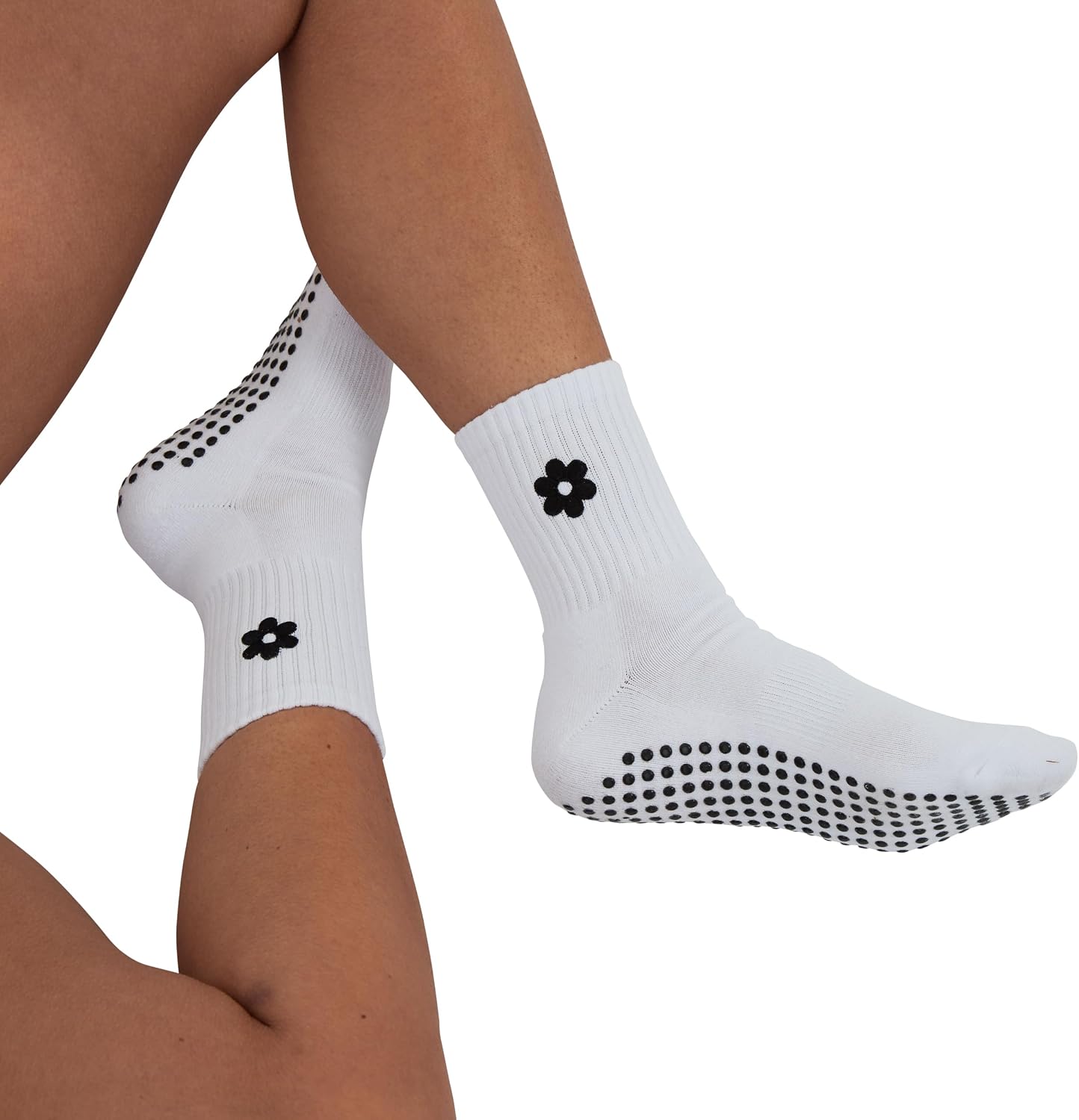 Women's Pilates Grip Socks with Flower Embroidery | Non-Slip Crew Socks for Women for Yoga, Barre, Pilates
