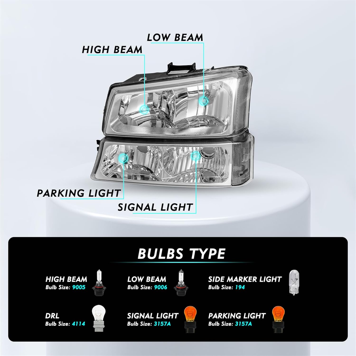 6 PCS Fits for 2003-2006 Chevy Silverado Headlight & LED Tail Light Assembly Pair Set OE Factory Style Chrome Housing & Clear Reflector