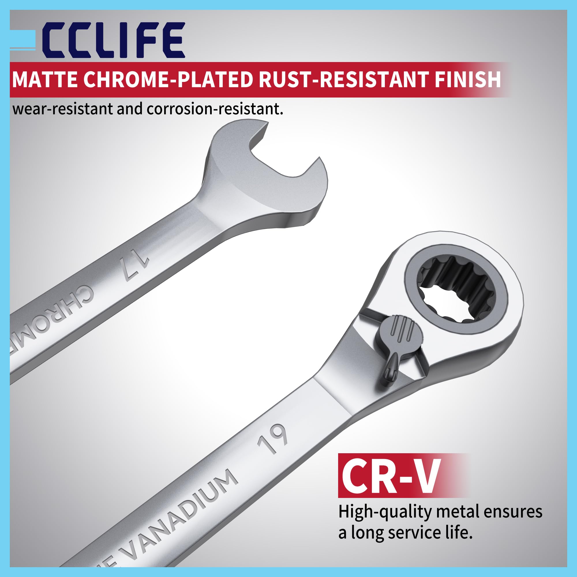 CCLIFE Lot de 14 clés à cliquet réversible 6-22 mm 72 dents CrV avec sac | Fonction de commutation, cliquet et clé mixte 2 en 1 en Cr-V, mécanisme à 72 dents avec sac pour voiture et atelier