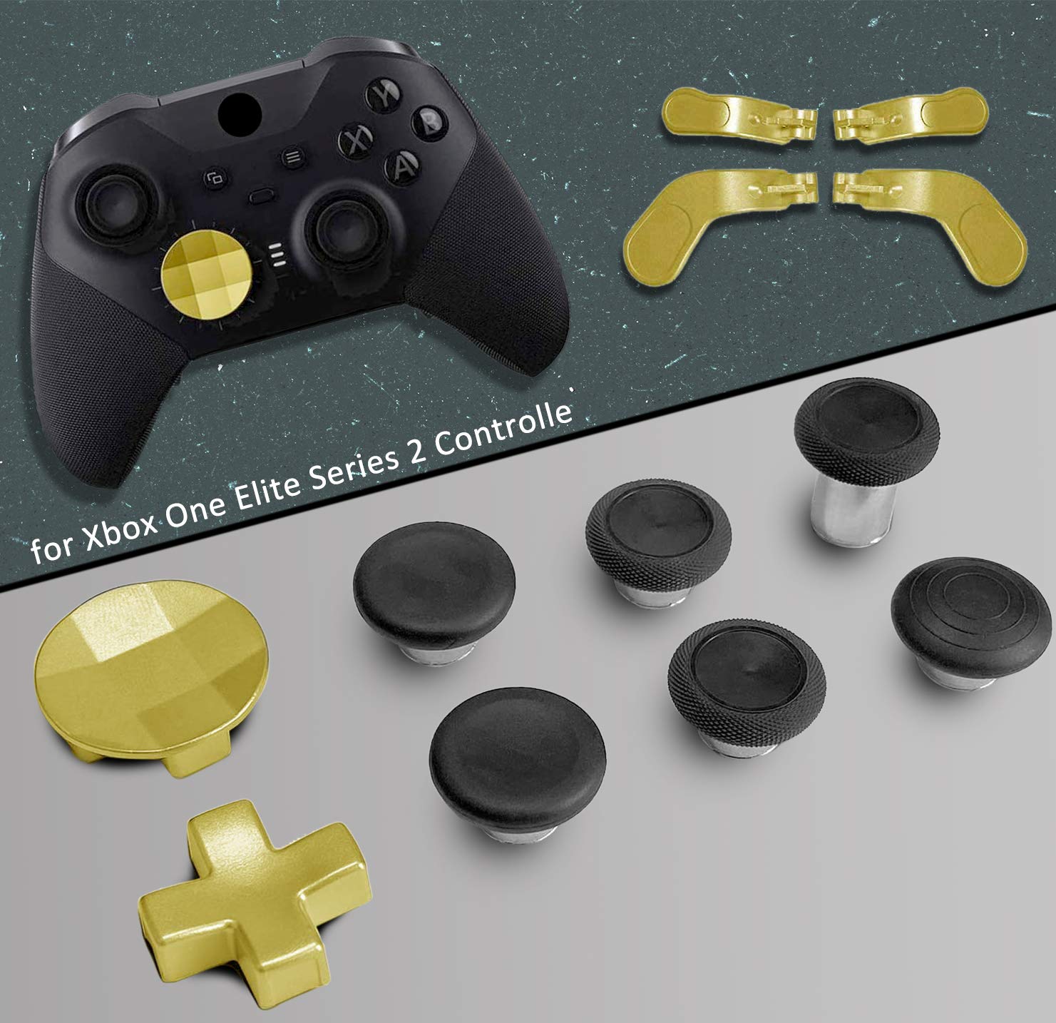 YuanKanJu Quartet Trade Elite Kit Accessory for Xbox One Elite Series 2, Gaming Accessory Replacement, Metal Mod Swap Joysticks, Paddles, D-Pads (Golden)