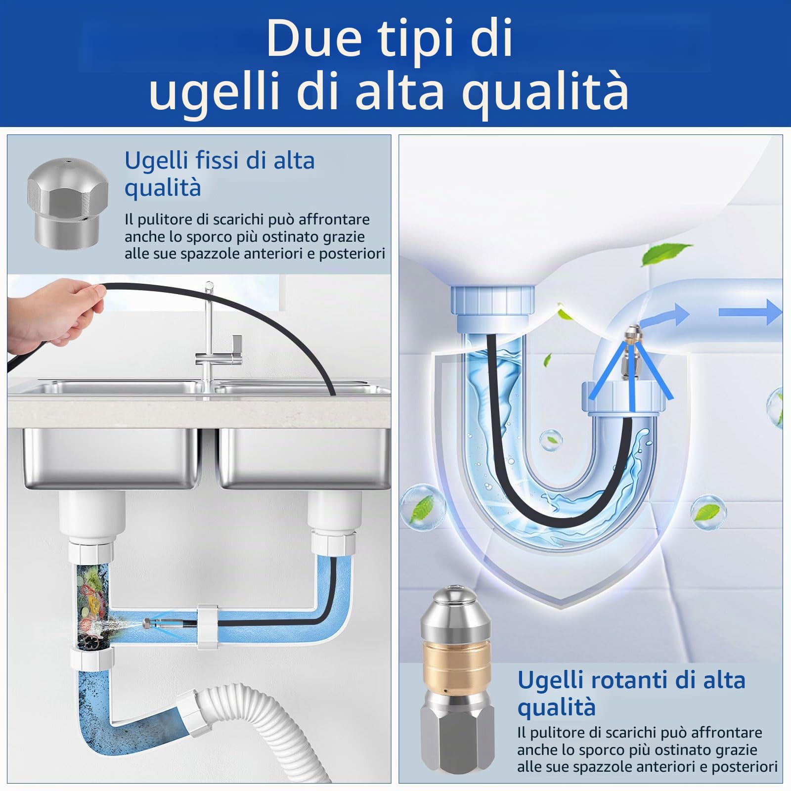 Sonda Sturatubi per Idropulitrice, 30M Tubo per Idropulitrice 400 Bar/5800 PSI con 3 Adattatori, 2 Ugelli e 1 Nastro in Teflon, Compatibile con Kärcher K2-K7, Lavor, Bosch, Parkside per Uso Domestico