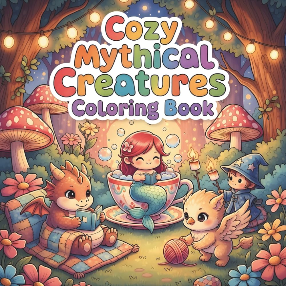 Cozy Mythical Creatures Coloring Book: A Bold and Easy Kawaii Coloring Book Featuring 54 Cute Mythical Creatures and Fantasy Adventurers for Adults and Kids.