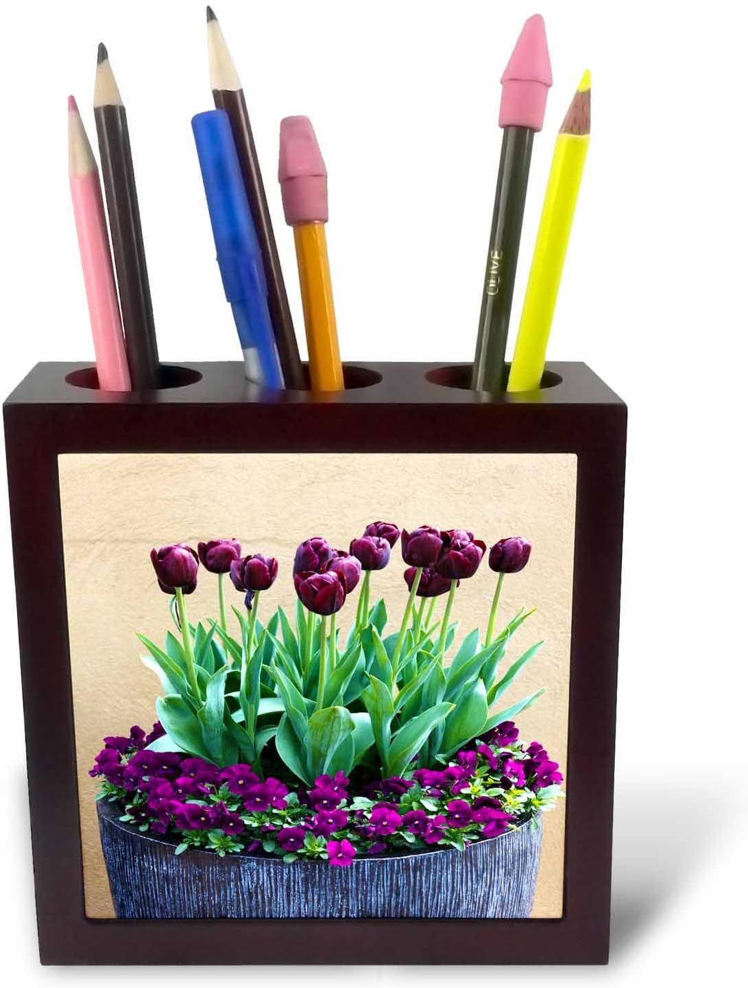 3dRose ph_58558_1 Potted Purple Tulips-Tile Pen Holder, 5-Inch