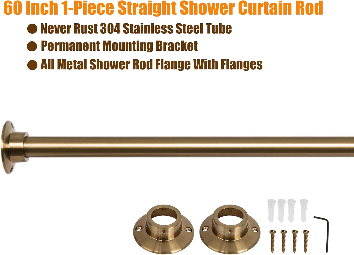 Artiwell 60" Heavy Duty Straight Shower Rod With Shower Rod Flange, Permanent Mount Shower Curtain Rod With Screws Bracket, Never Rust Stainless Steel, Window Curtain and Closet Rod, Champagne Bronze
