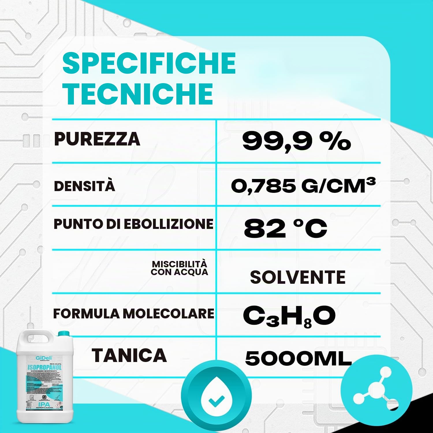 GiDeli Isopropanolo al 99,9%, 2 x 5 l, alcool isopropilico ad alta percentuale, alcool detergente per elettronica, accessori per stampanti 3D, vetro, schermi e lenti