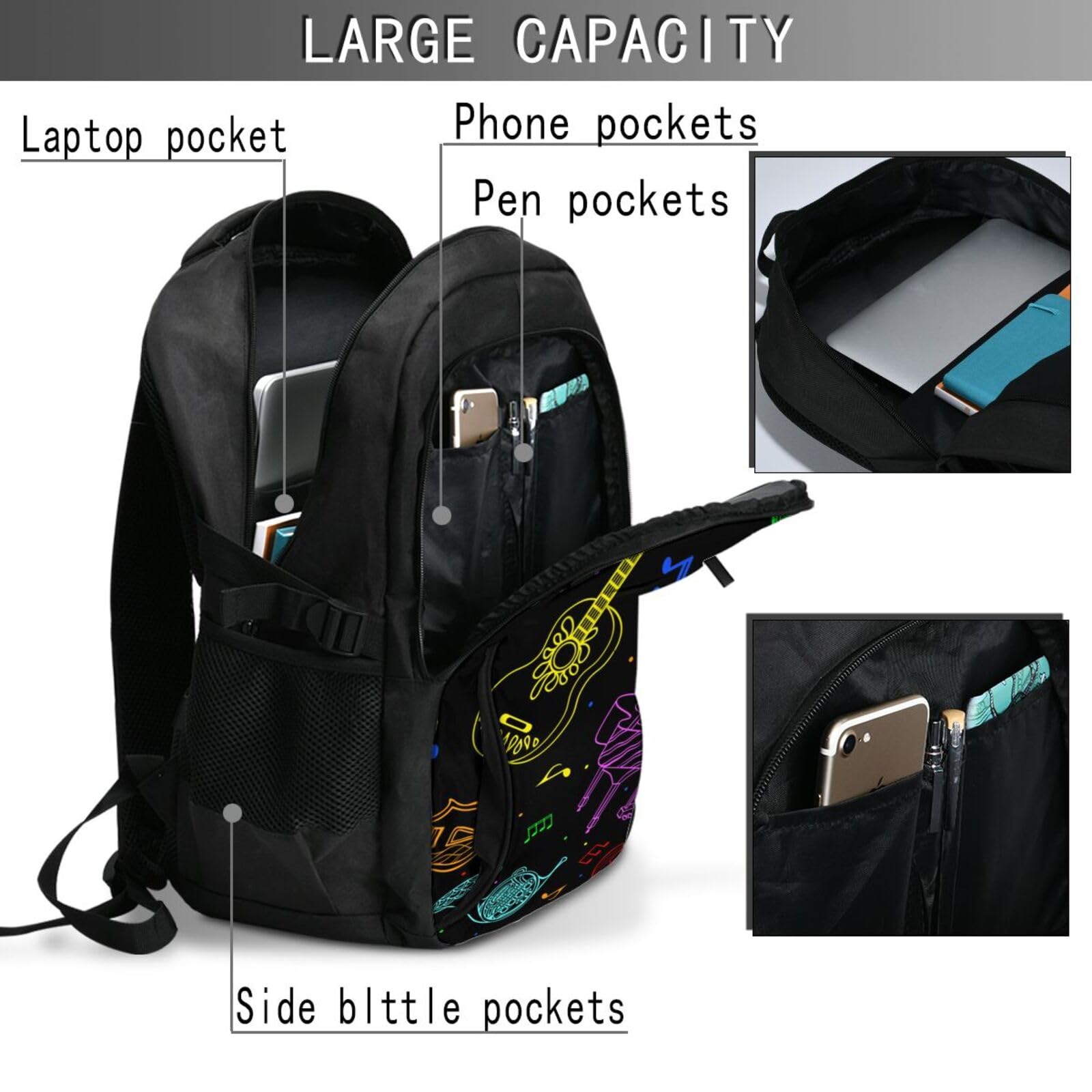 InOmak Musikinstrumente in Neonfarben, Reiserucksack, Freizeitrucksack, Schulrucksack, Laptop-Rucksack für Damen und Herren
