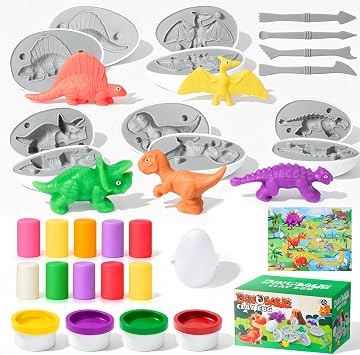 DOLIVE Dinosaur Eggs Dough Play Sets for Kids Ages 3-8, 3D Dino Clay Molds with 4 Storage Boxes, Adventure Map, Play Clay Tools, Easter Birthday Christmas Gift for Boys Girls