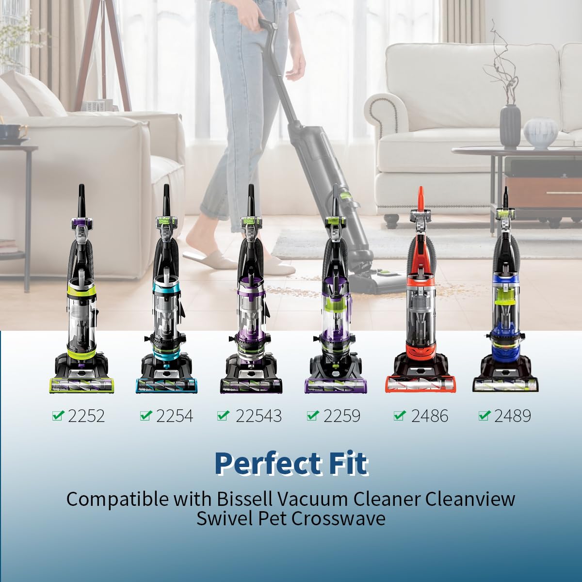 Piezas de repuesto para aspiradora compatibles con Bissell Cleanview Swivel Pet Crosswave 2252 2253 2254 2258 2486 2488 2489, 1 rodillo de cepillo, 2 filtros y 2 correas